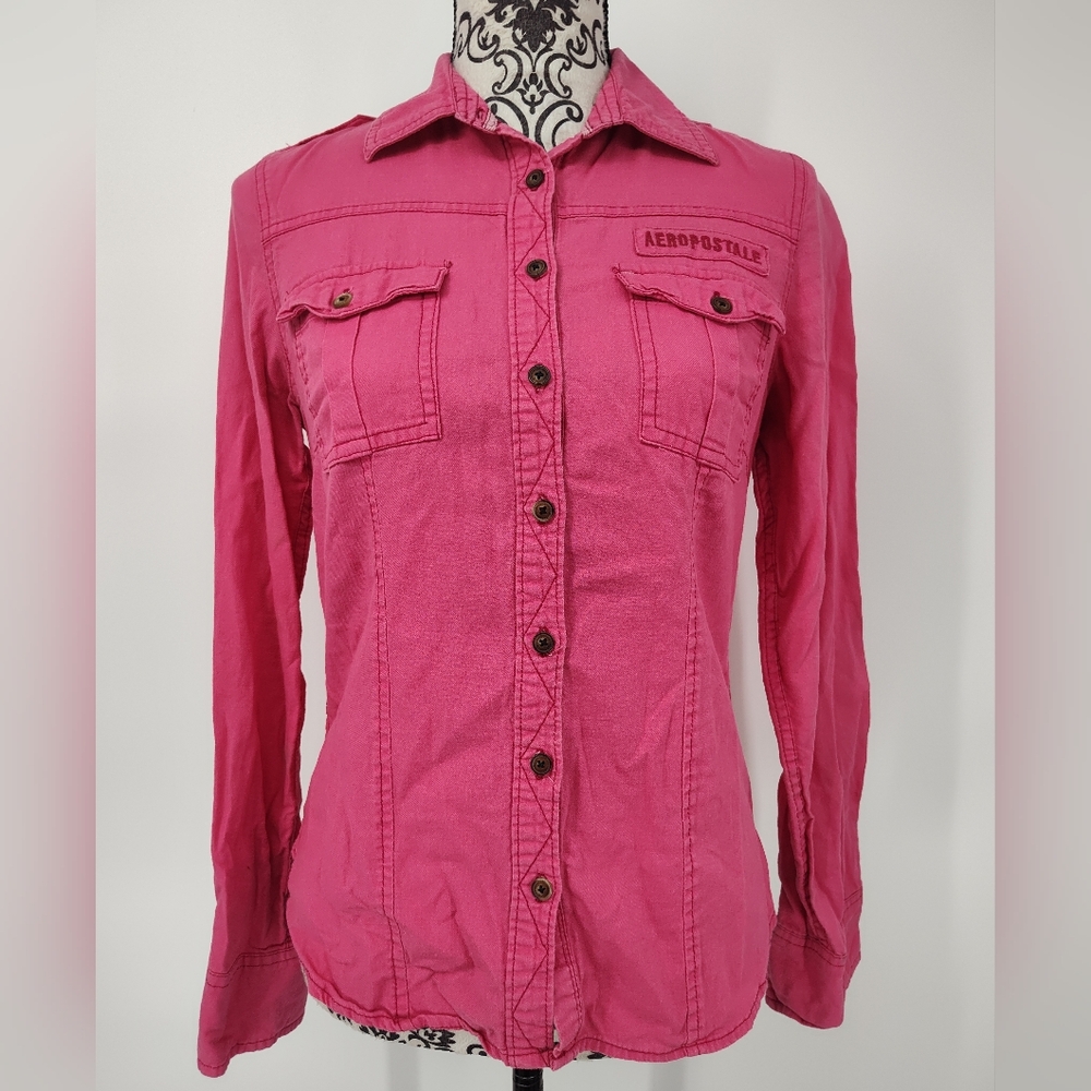 Aeropostale Women's Hot Pink Button-Up Shirt Size Medium